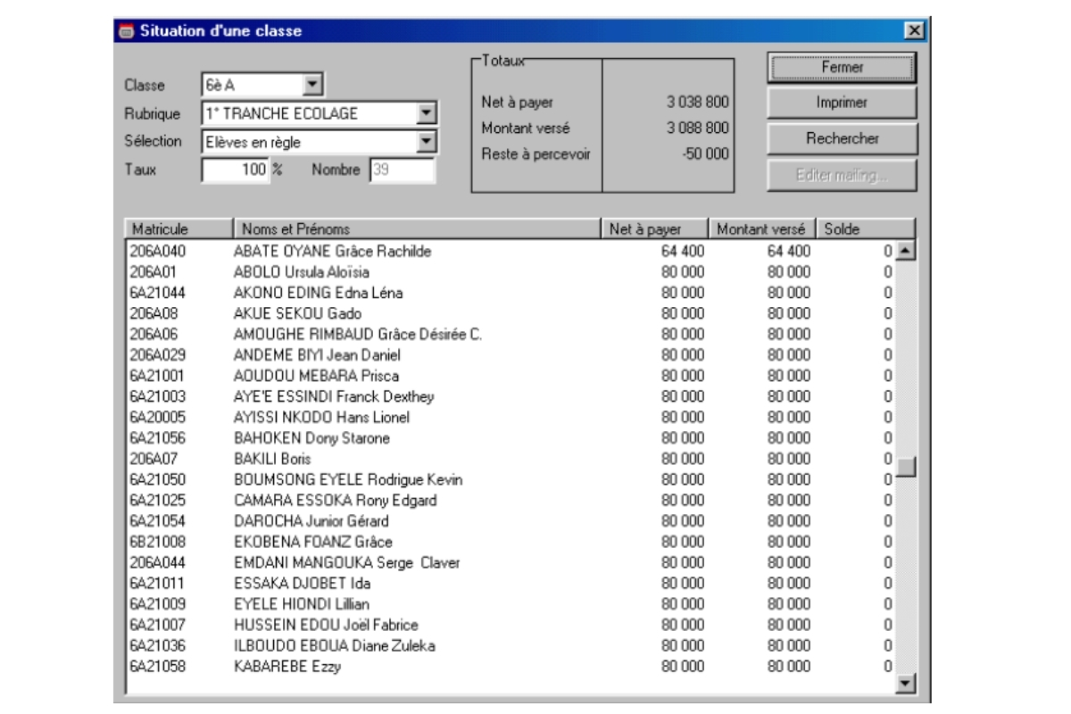 Module finance de Major 2000, gestion des encaissements
